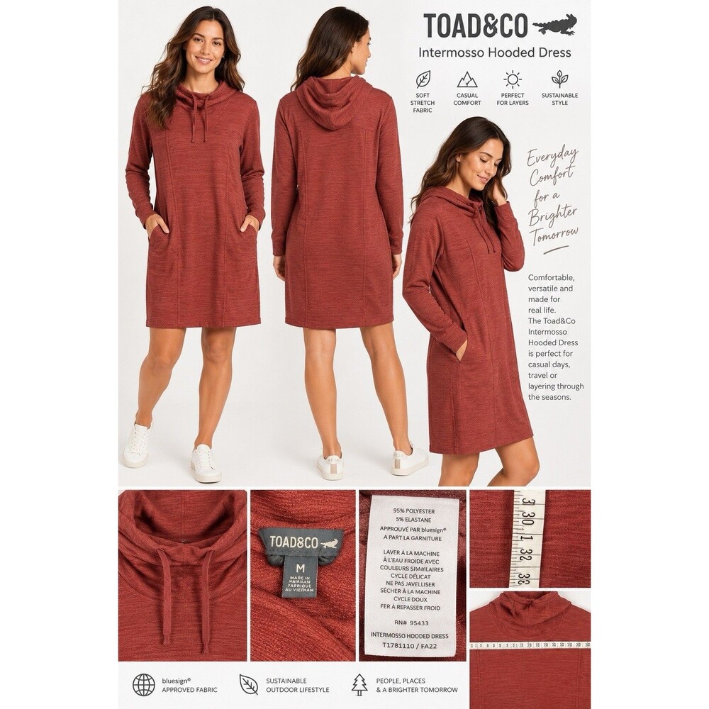 TOAD&CO Intermosso Granola Girl Hooded Dress M Rust Red Long Sleeve Pockets